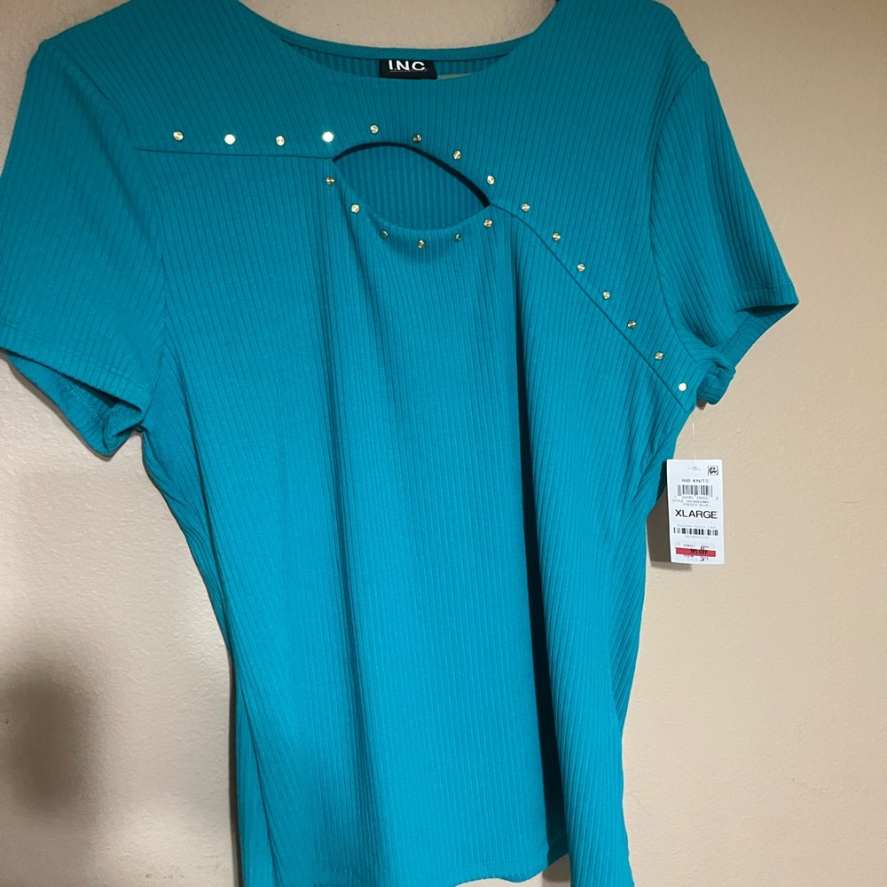 INC International Concepts Teal Studded Short Sleeve Top